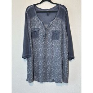 Catherines Womens Henley Tunic Top  Blue Lace Chest Pockets Boho Size 3X